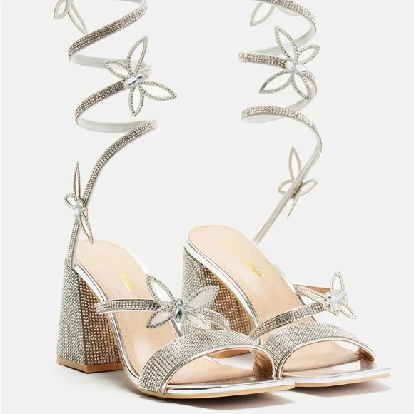 Silver butterfly wrap around heeled sandals - Picture 4 of 5